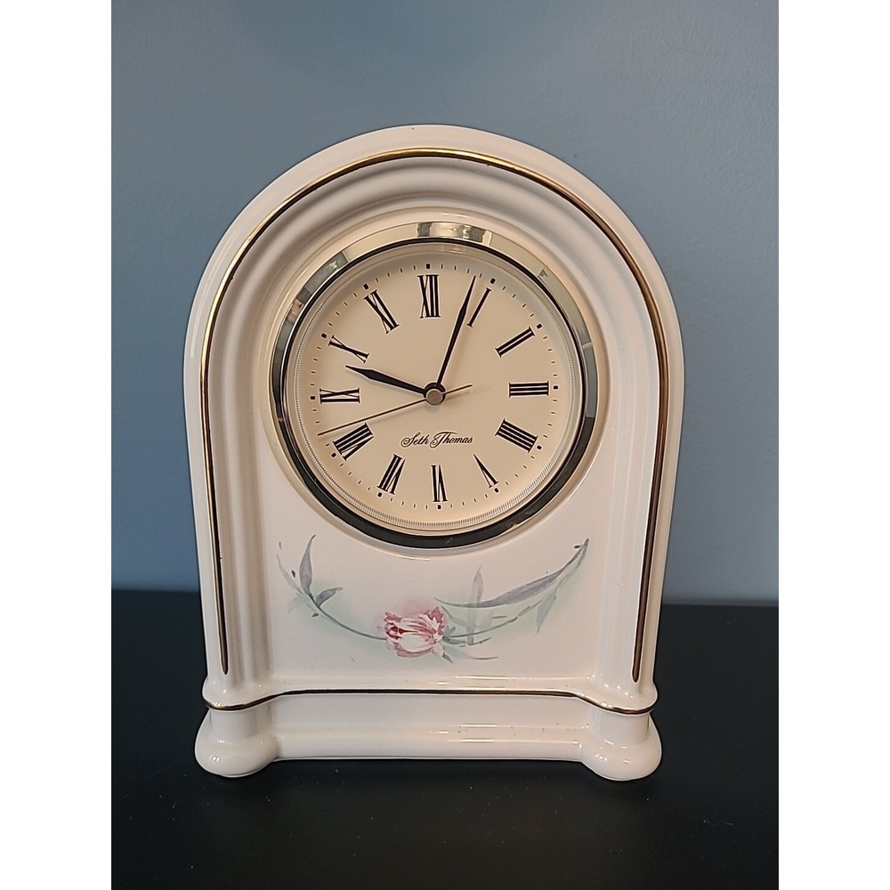 Seth Thomas Devonshire 282 White With Flowers Ceramic Quartz Roman Numerals